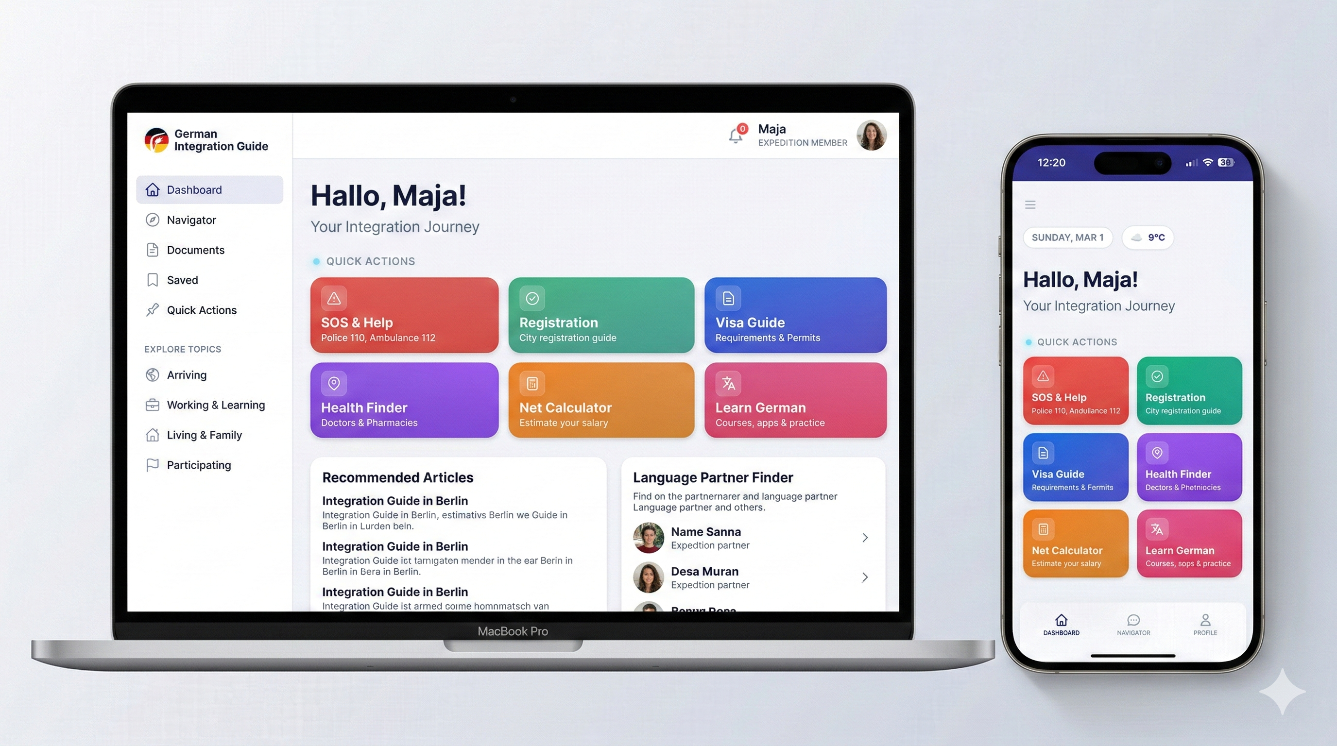 GermaNav Companion App — Dashboard on laptop and mobile